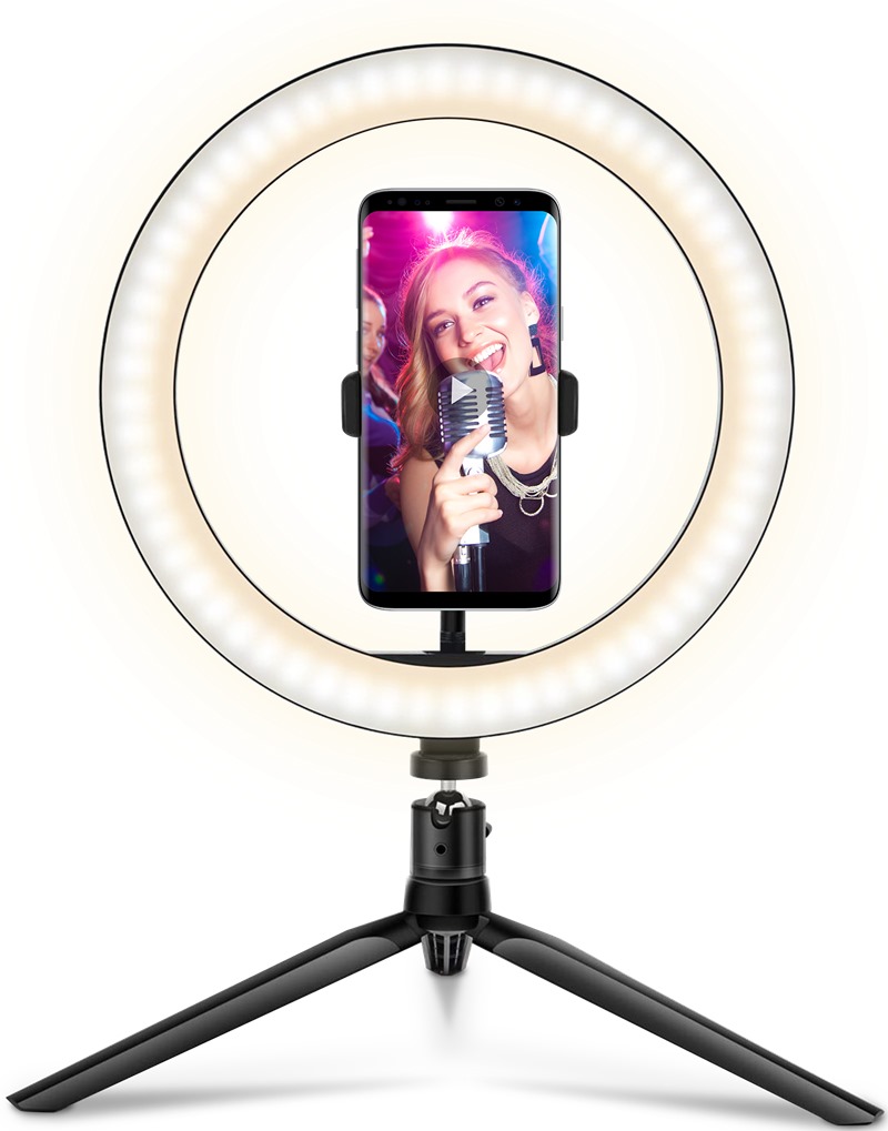 skal tromme retort PartyFun Lights Selfie-ring med LED-lys 26 cm - med telefonstativ og  minitripod 86492