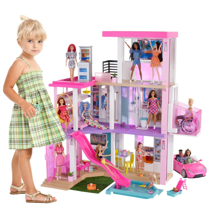 Barbie DreamHouse dukkehus med 3 etager - rutsjebane og elevator - med lyd - mere end 75 GRG93