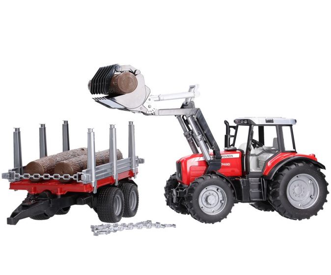 Bruder Massey Ferguson 7480 traktor med frontlaster med tømmerhenger - 02046