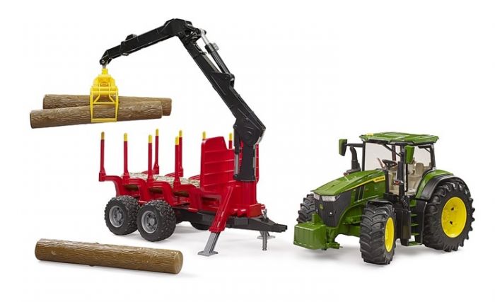 Bruder John Deere 7R 350 traktor og tømmerhenger med løftearm og 4 tømmerstokker - 03154