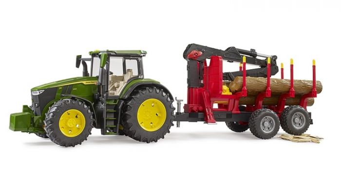 Bruder John Deere 7R 350 traktor og anhænger med løftearm og 4 tømmerstokke - 03154