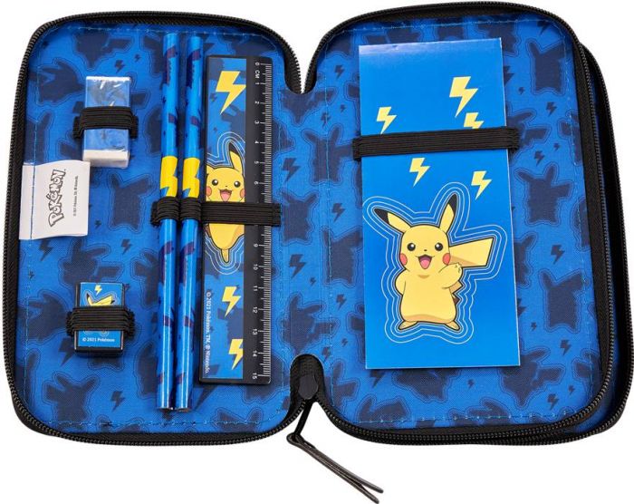 Pokemon dobbelt pennal med innhold - blå med Pikachu