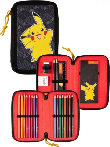 Pokemon dobbelt pennal med innhold - sort med Pikachu