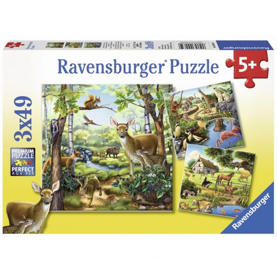 Ravensburger puslespil 3x49 brikker - dyrene fra gården, skoven og savannen