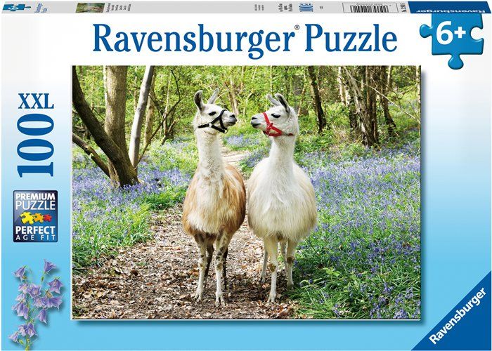 Ravensburger XXL puslespill 100 brikker - Lama Love - lamaer og blå blomster