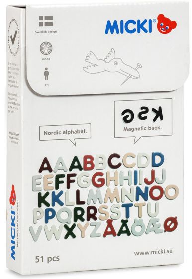 Micki Senses magnetbokstaver i tre - nordisk alfabet - 51 deler