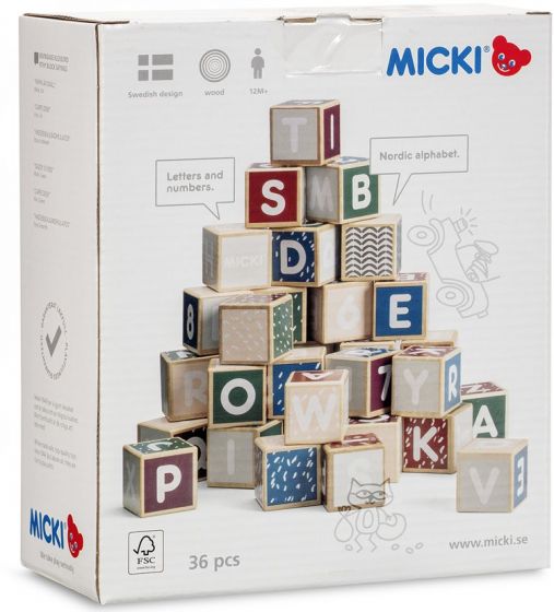 Micki Senses byggklossar i trä med bokstäver och tal - 36 delar