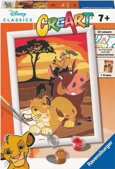 CreArt Disney Classic Løvenes Konge malesett med forhåndstrykt lerret og akrylmaling - Simba, Timon og Pumbaa