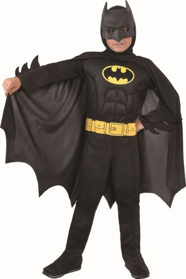 Batman Deluxe kostyme 8-10 år - Heldrakt med muskler, kappe med hette og maske 