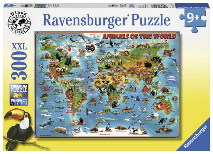 Ravensburger XXL puslespill 300 brikker - Verdenskart med dyr fra hele verden