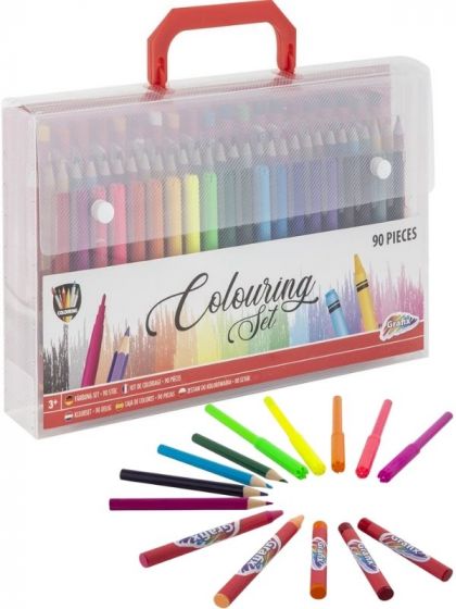 Grafix Färgläggningsset i plastväska med handtag - tusch, pennor, oljepasteller och kritor - 90 delar