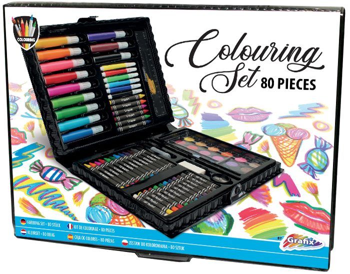 Grafix tegnekoffert med tusjer, fargestifter, oljepasteller og maleutstyr - stort fargeleggingssett på 80 deler