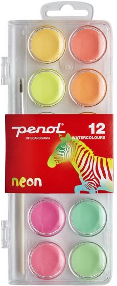 Penol Neon maleskrin med pensel - 12 farger vannmaling