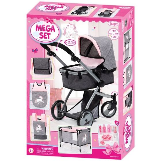 Bayer Design Milano Mega Set - Combi dukkevogn med stelleveske, dukkeseng, bæresele og mer - grå og rosa
