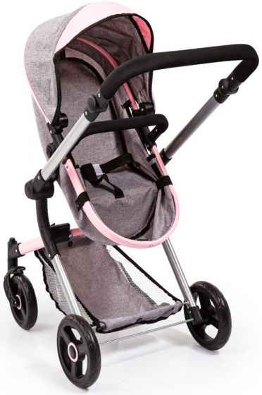 Bayer Design dukkevogn kombi med stellebag og bevegelige forhjul - passer dukke 52 cm - grå og rosa
