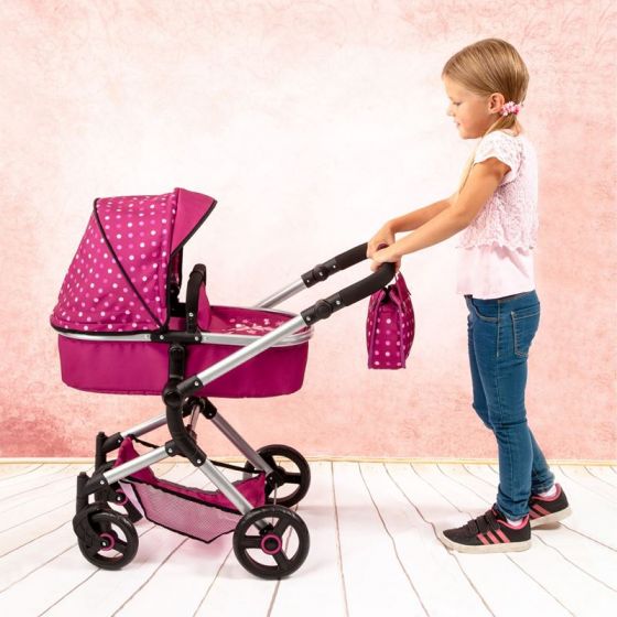Bayer Design rosa kombi dukkevogn med stellebag og bevegelige forhjul - passer dukker 52 cm