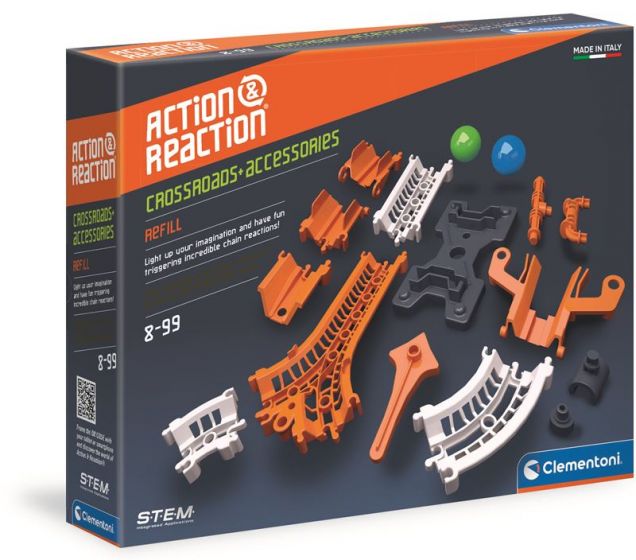 Clementoni Action and Reaction - påbyggingssett til kulebane - banedeler, plattform, bindeledd og kryss