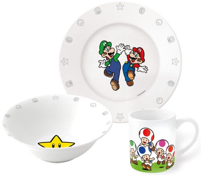 Nintendo Super Mario servise - frokostsett i keramikk - tallerken, kopp og skål