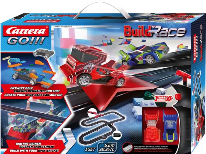 Carrera GO!!! Build 'n Race bilbane med hopp - bygg dine egne biler og kjør - 6,2 m kjørebane