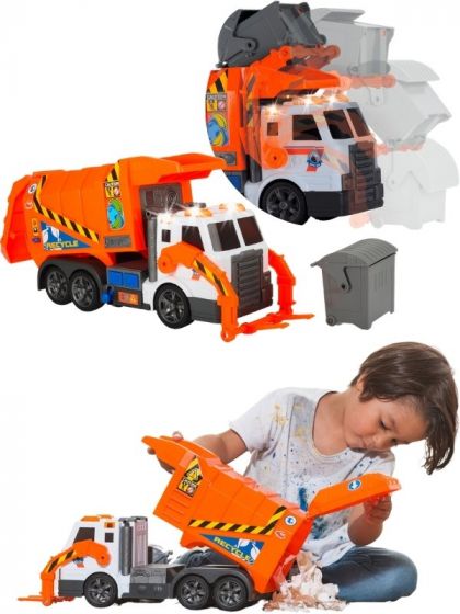 Dickie Toys oransje søppelbil med søppeldunk - med lys og lyd
