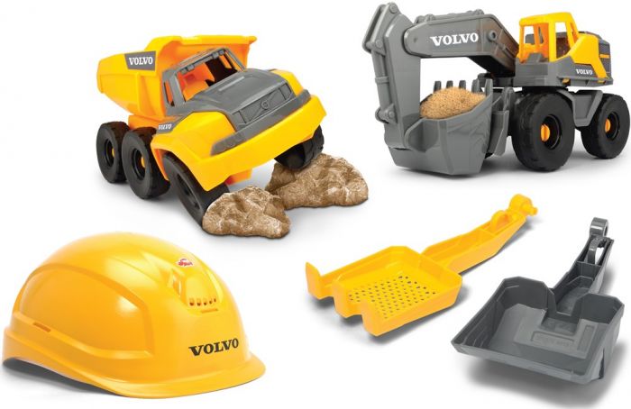 Dickie Toys Volvo lekesett i 4 deler - med hjelm, anleggsmaskiner og sandkasseleker