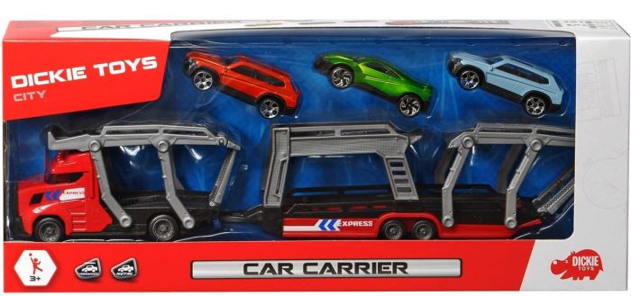 Dickie Toys biltransporter i rød - 3 legetøjsbiler inkluderet