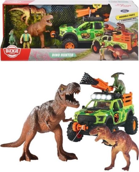Dickie Toys Dino Hunter legesæt - Ford jeep med lys og lyd, 3 dinosaurer og figur