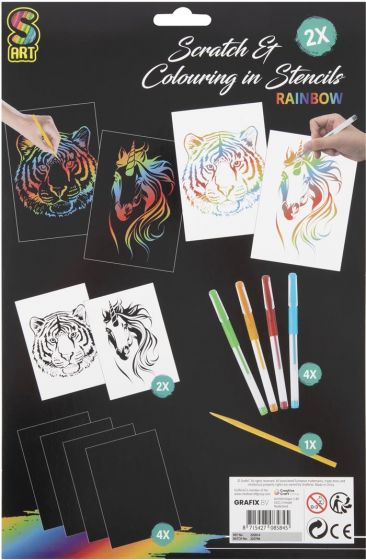 Grafix Skrapa och färglägg med skrapbilder - 2 st A4 med motiv, skrapverktyg och 4 färgpennor