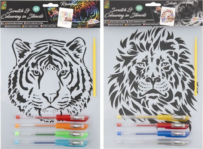 Grafix Skrab og farvelæg med skabeloner - 2 motiver med skrabeark, skrabepen og 4 farvepenne
