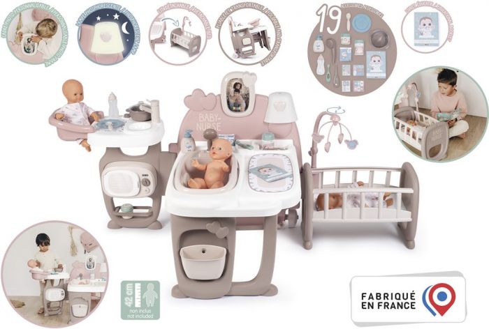 Smoby Baby Nurse stort lekesenter til dukke med spiseområde, stellebord og vugge - med 19 tilbehør