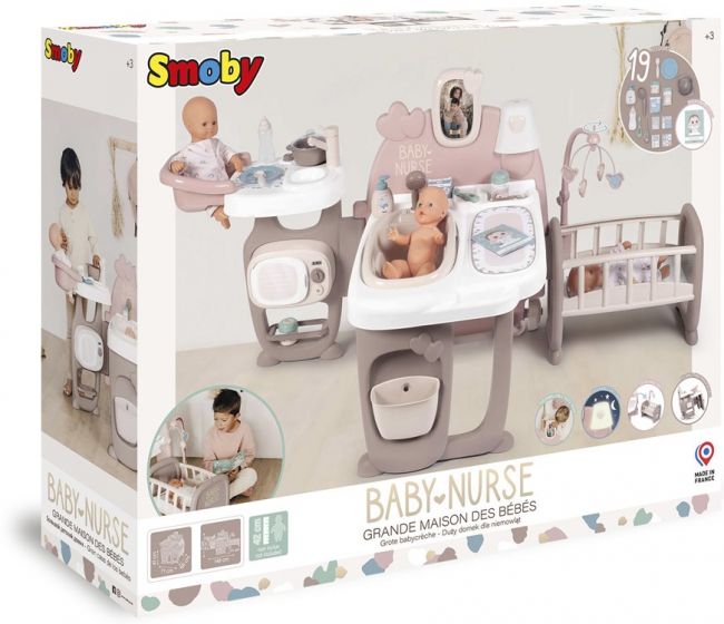 Smoby Baby Nurse stort lekesenter til dukke med spiseområde, stellebord og vugge - med 19 tilbehør