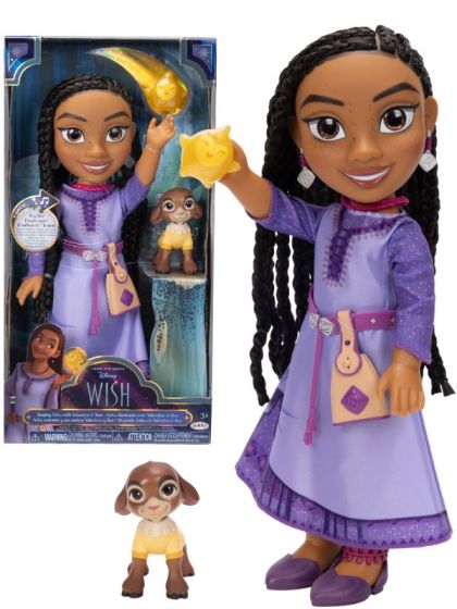 Disney Wish Asha stor dukke der synger - med Valentino og Star figurer - 38 cm