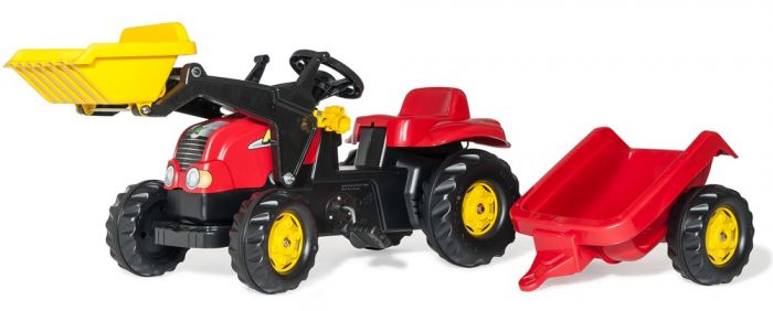 Rolly Toys rollyKid-X: Rød pedaltraktor med frontlæsser og rød anhænger