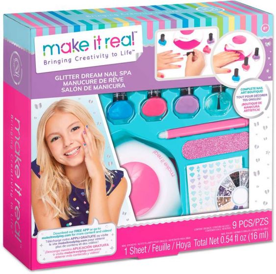 Make it Real Glitter Dream Nail Spa - 3 neglelakker, klistremerker, neglefil og negletørker