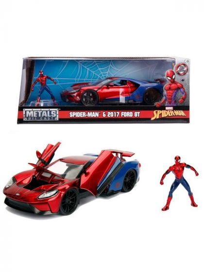SpiderMan 2017 Ford GT legetøjsbil og figur i metal - 17,5 cm lang