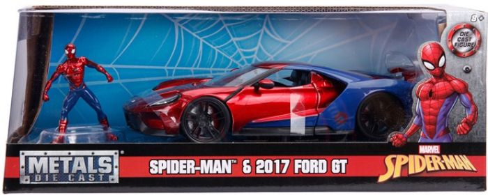 SpiderMan 2017 Ford GT legetøjsbil og figur i metal - 17,5 cm lang