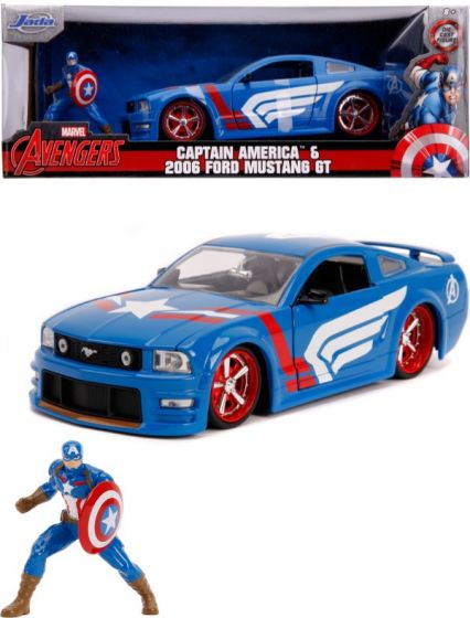 Avengers Captain America Ford Mustang GT 2006 leksaksbil och figur i metall - 17 cm lång