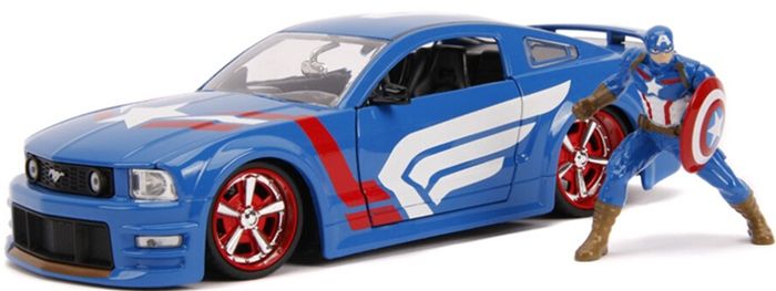 Avengers Captain America Ford Mustang GT 2006 leksaksbil och figur i metall - 17 cm lång