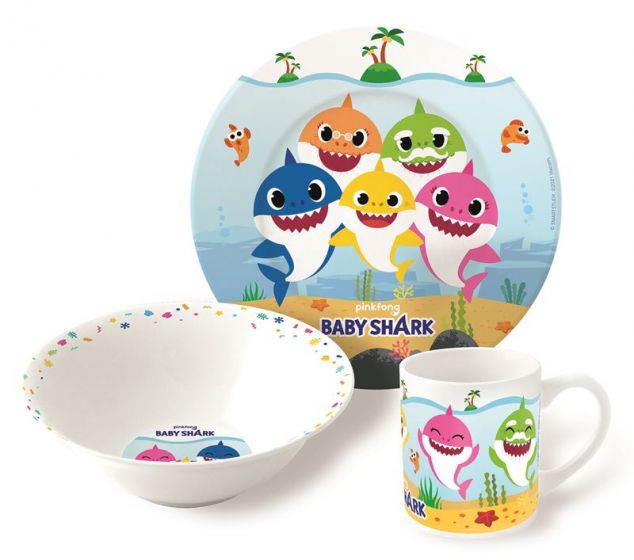 Baby Shark servise - frokostsett i keramikk - tallerken, kopp og skål
