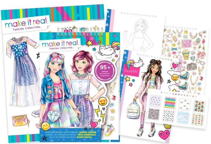 Make it Real Fashion Design Sketchbook - Digital Dream - tegneblokk med stensiler og klistremerker