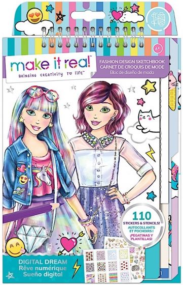 Make it Real Fashion Design Sketchbook - Digital Dream - tegneblokk med stensiler og klistremerker