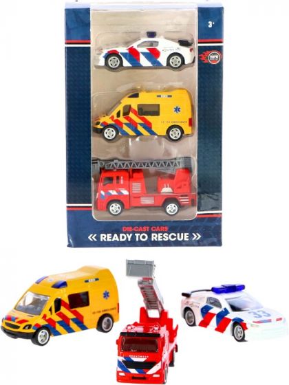 Rapid Wheels 3-pack Die Cast utrykningskjøretøy - politibil, brannbil og ambulanse