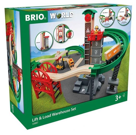 BRIO World Lift and Load Warehouse Set 33887 - togsæt med togbane, lokomotiv og elevator - 32 dele