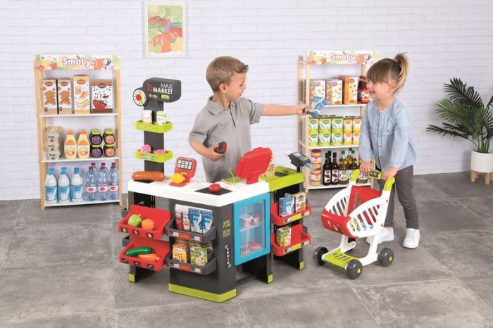 Smoby Maxi market matbutikk med handlevogn, lekemat og lekepenger - over 50 deler 