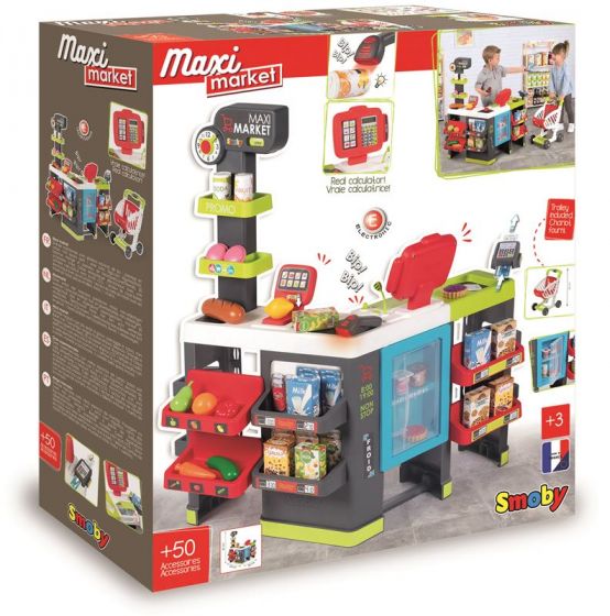 Smoby Maxi market lekebutikk med handlevogn, lekemat og lekepenger - over 50 deler 