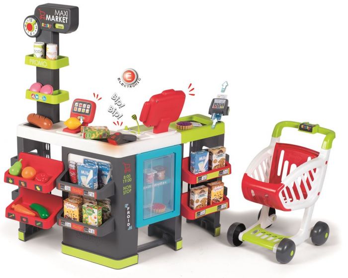 Smoby Maxi market matbutikk med handlevogn, lekemat og lekepenger - over 50 deler 