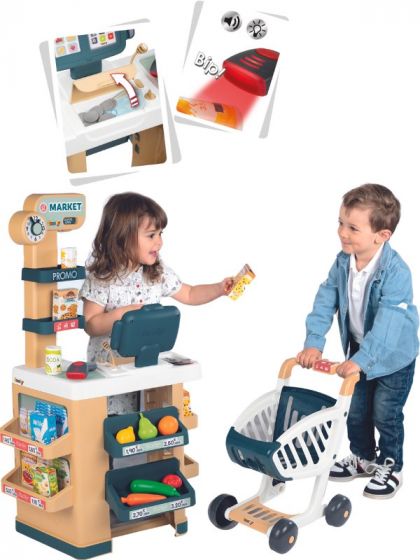 Smoby Supermarket affär med scanner, kassa, kundvagn och leksaksmat