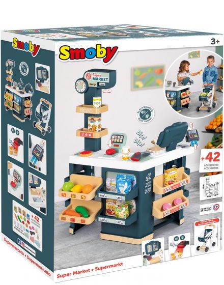 Smoby Supermarked legebutik med indkøbsvognvogn og elektronisk scanner - med legemad og legepenge