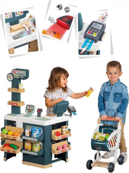 Smoby Supermarked lekebutikk med handlevogn og elektronisk skanner - med lekemat og lekepenger