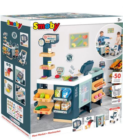 Smoby Maxi Market legebutik med legemad og penge - indkøbsvogn medfølger